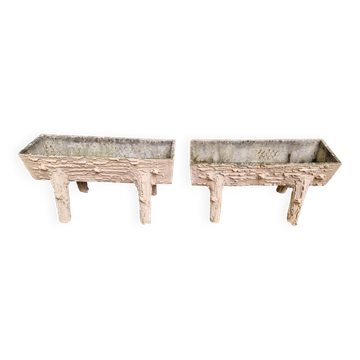 Pair of cement planters in faux wood finish