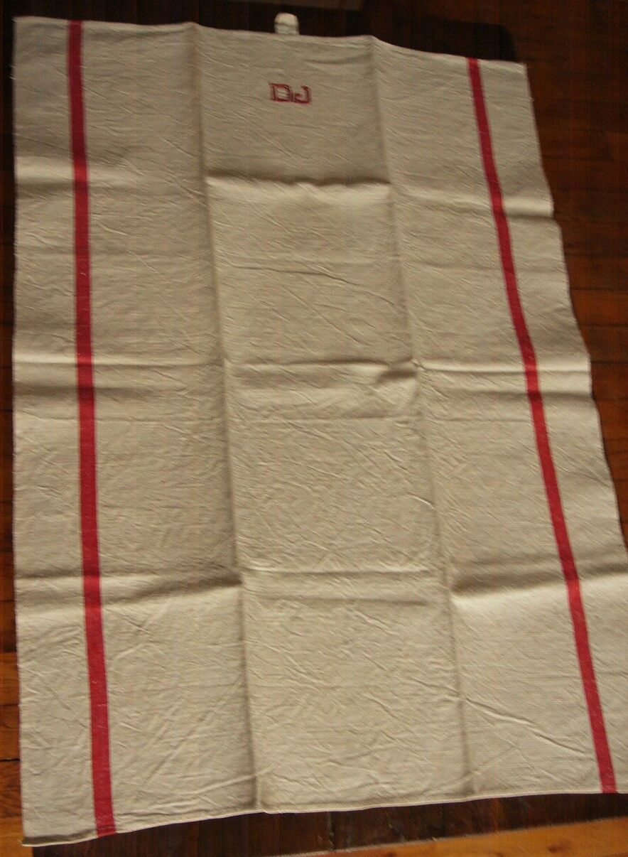 Lot 3 towels linen strips red monograms D J