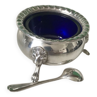 Silver metal spoon and salt bowl