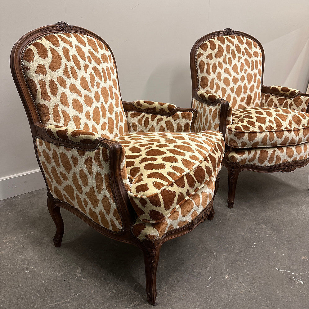 Pair of Louis XV style armchairs in giraffe velvet upholstery, France, 1950s