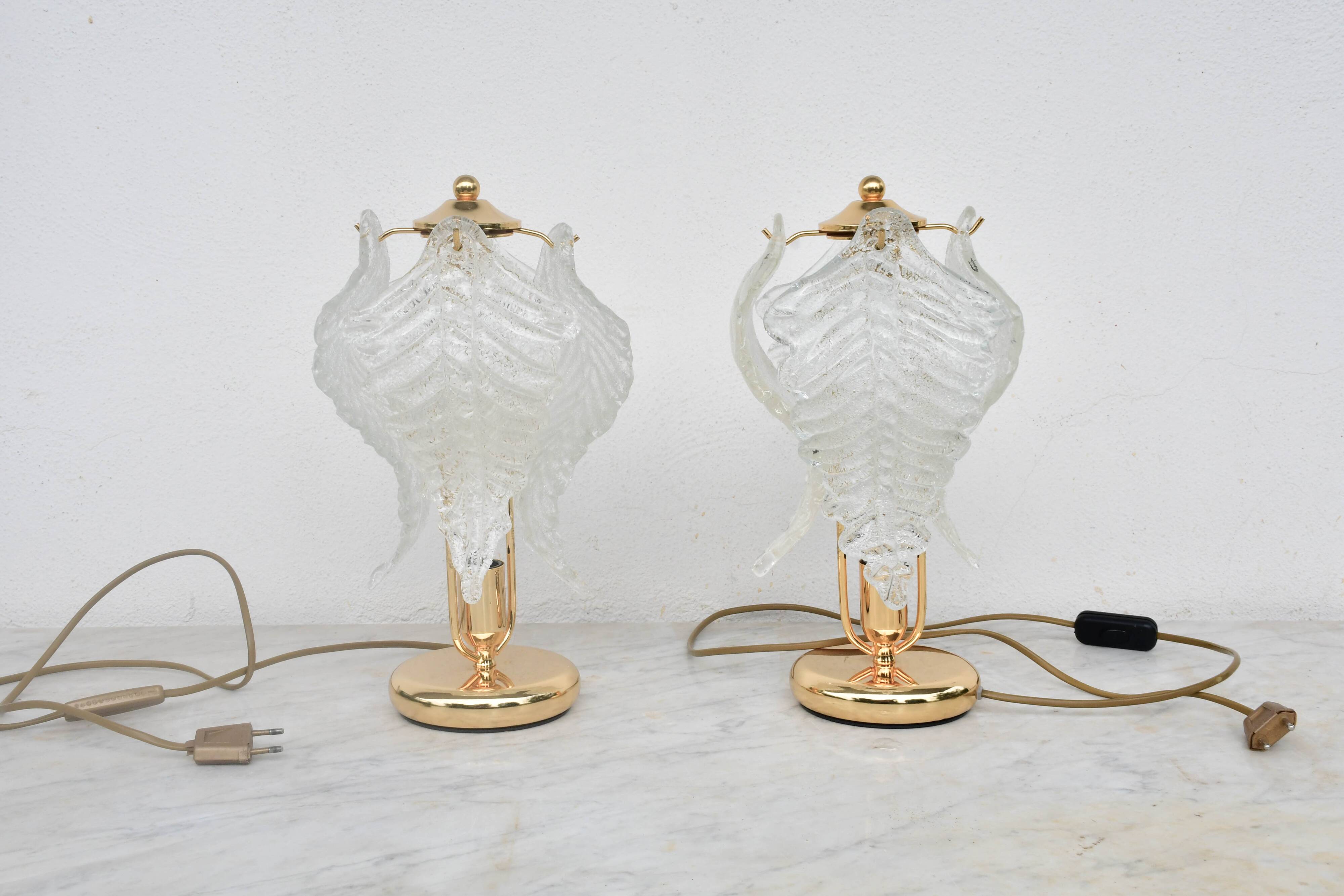 Set of 2 Murano glass table lamps transparent leaves