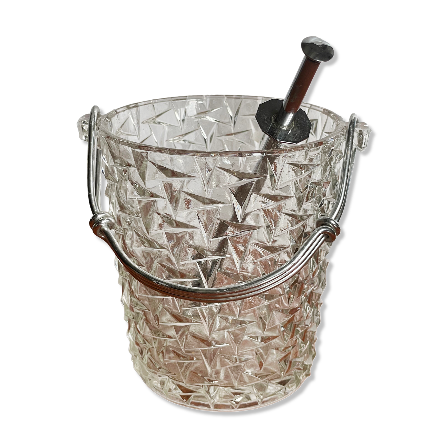 Vintage chiseled glass ice bucket with pliers