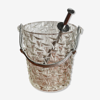 Vintage chiseled glass ice bucket with pliers