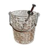 Vintage chiseled glass ice bucket with pliers