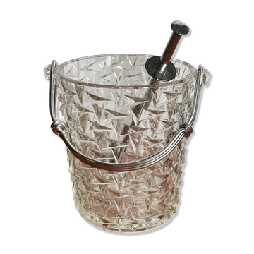 Vintage chiseled glass ice bucket with pliers