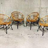 Set of 4 vintage 1950s/60s wicker rattan adult basket armchairs