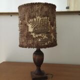 Vintage lamp with wooden base and wool and plant shade