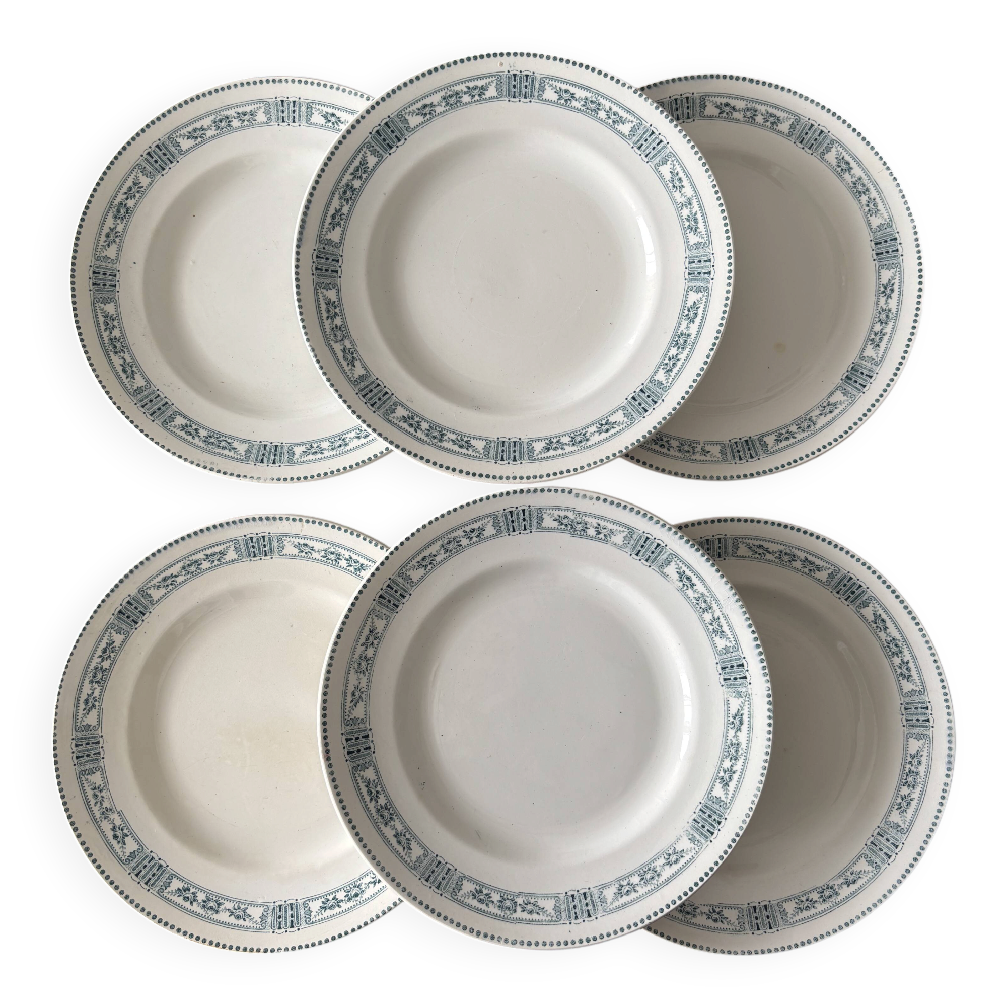 Set of 6 antique flat plates Moulin des Loups & Hamage model P
