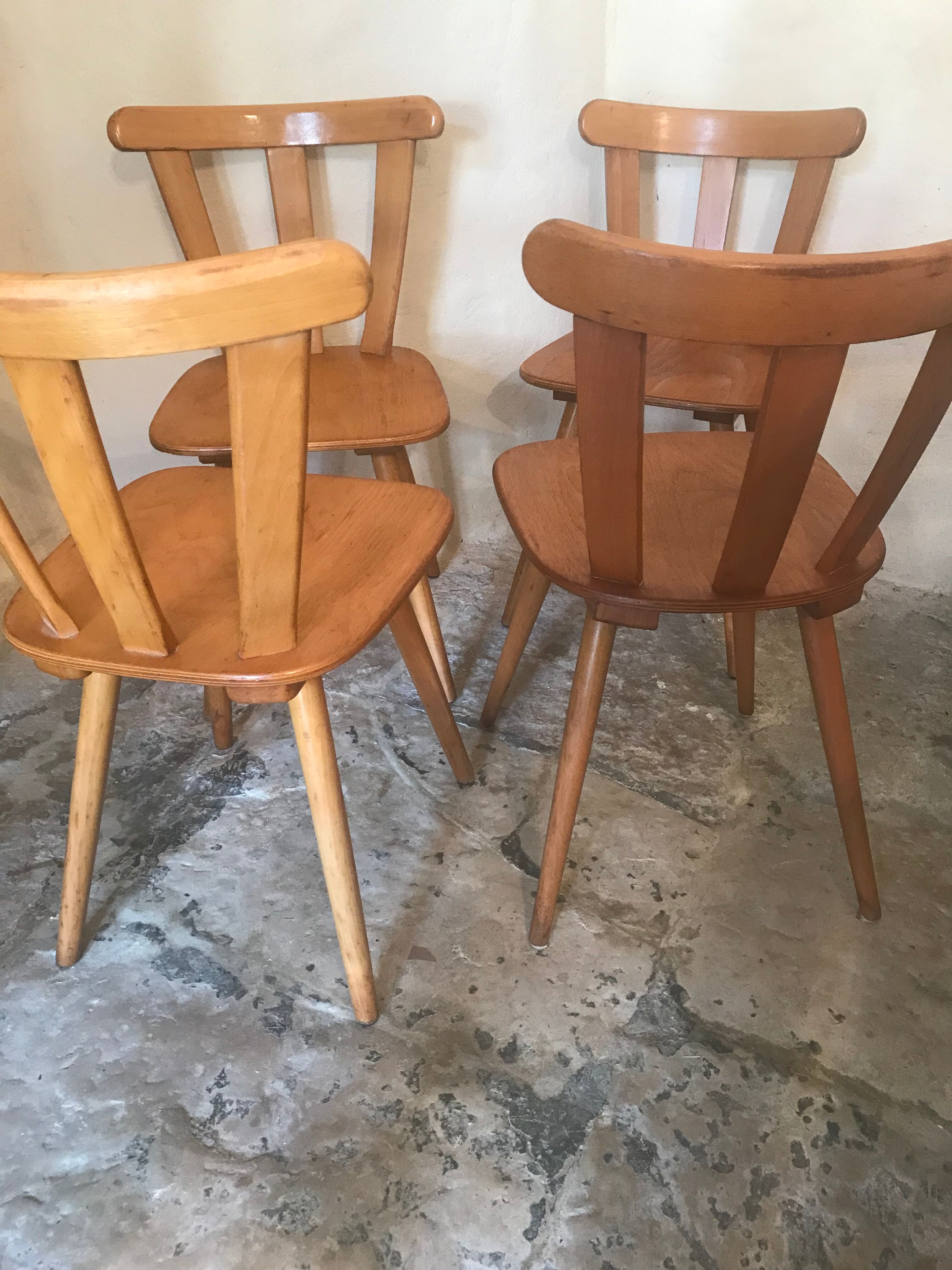 Set of 4 vintage bistro style chairs in beech circa 1960