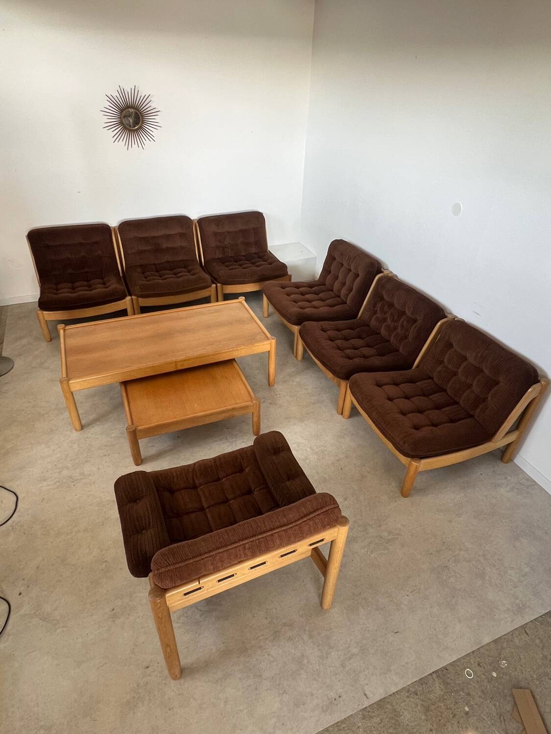 Old modular living room 7 armchairs and vintage Scandinavian design coffee table from the 60s