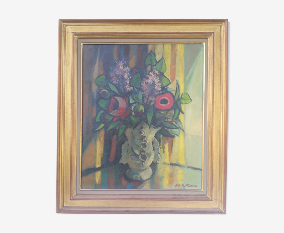 Huile sur toile encadrée bouquet de fleurs signée Philippe Marie Picard numérotée758 71 X 62 cm