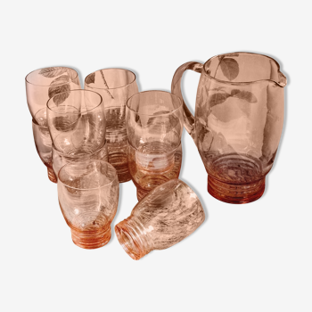 Carafe and 10 glasses in pink blown glass
