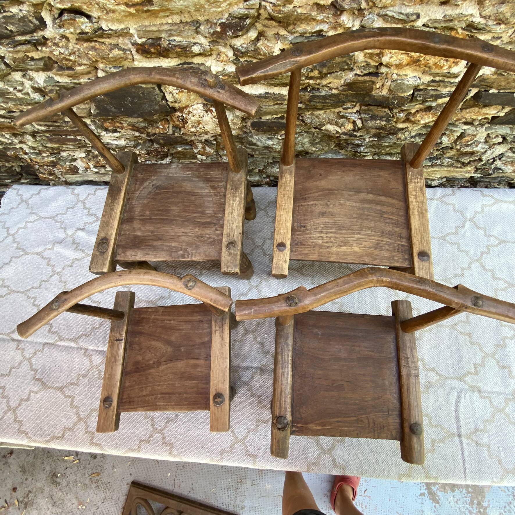 Ancient Baoulé African chairs in carved wood, Wabi-Sabi.