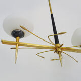 Vintage 2-spoke chandelier Moderniste Arlus from the 1950s. Black metal, brass, opaline