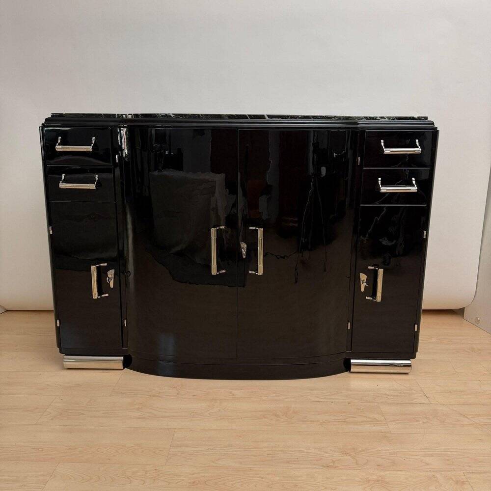 Art Deco sideboard in black lacquer, nickel, marble and mahogany, 1930s