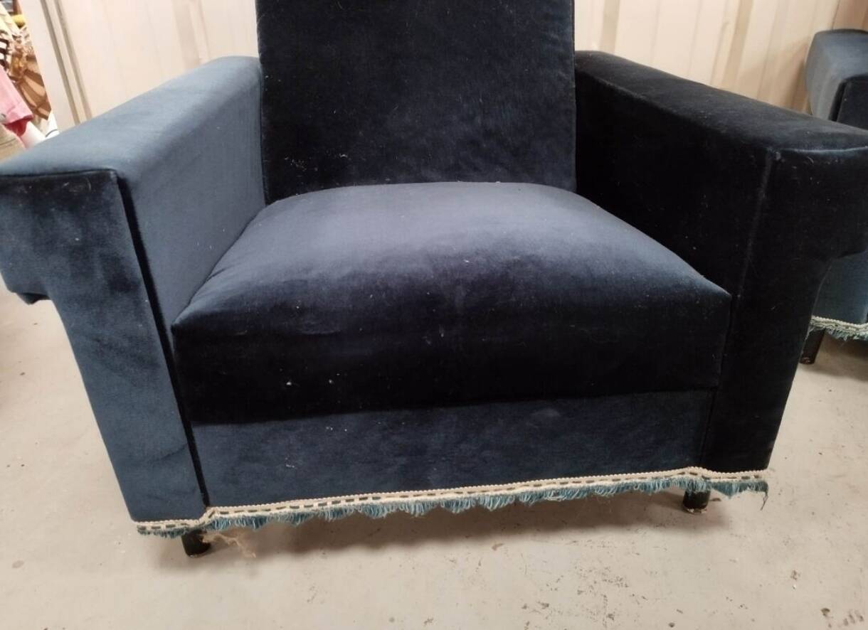 Pair of navy blue velvet club armchairs