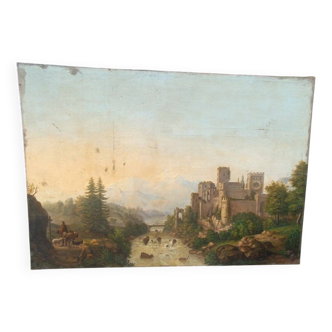 Large Antique Castle Landscape Painting, Oil On Canvas Signed Kraft 1850