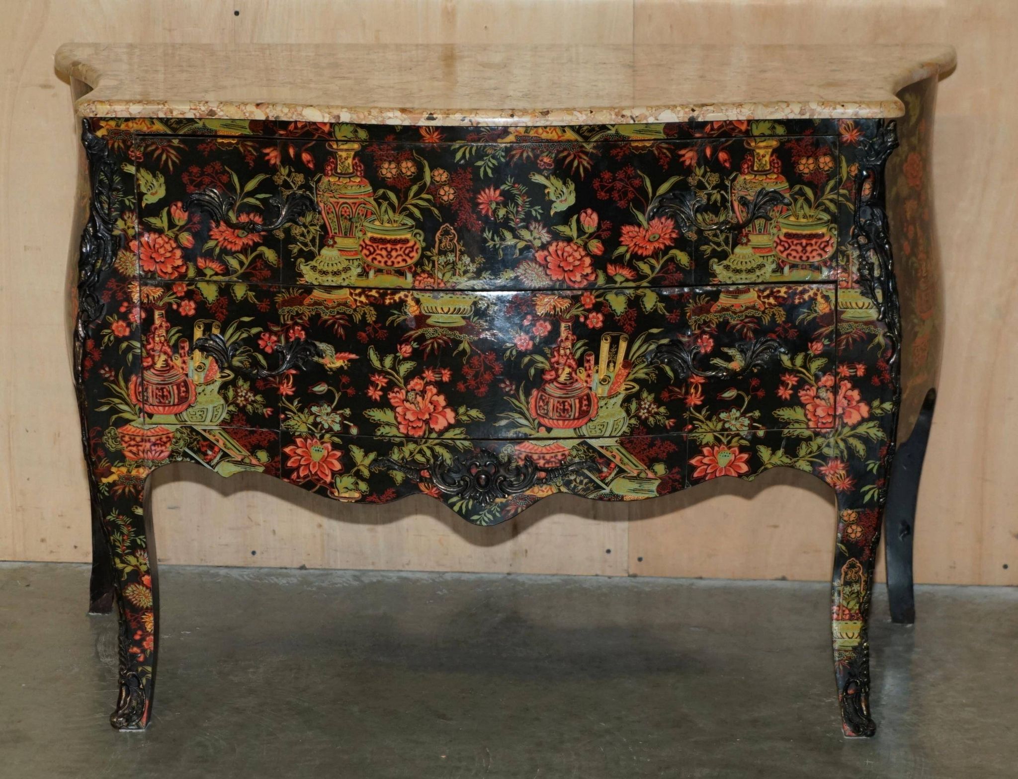 Antique Chinoiserie Commode Hand-Painted with Marble Top
