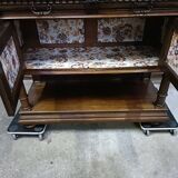 Solid walnut sideboard, Henri II style, Renaissance, with pink and white marble top