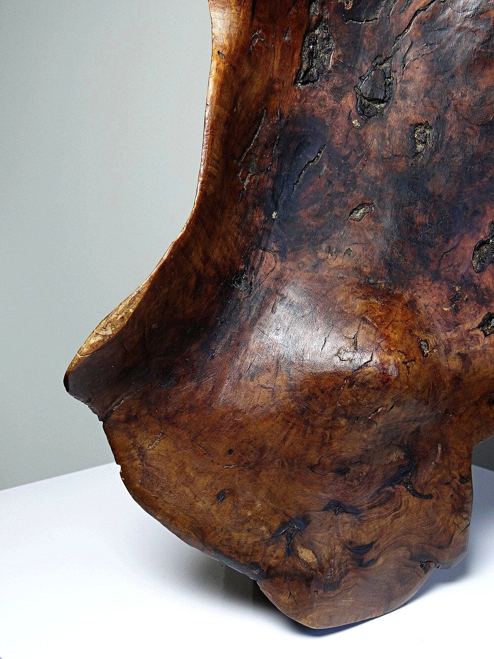 Large monoxyle bowl made of dark raw olive wood from the 1950s.