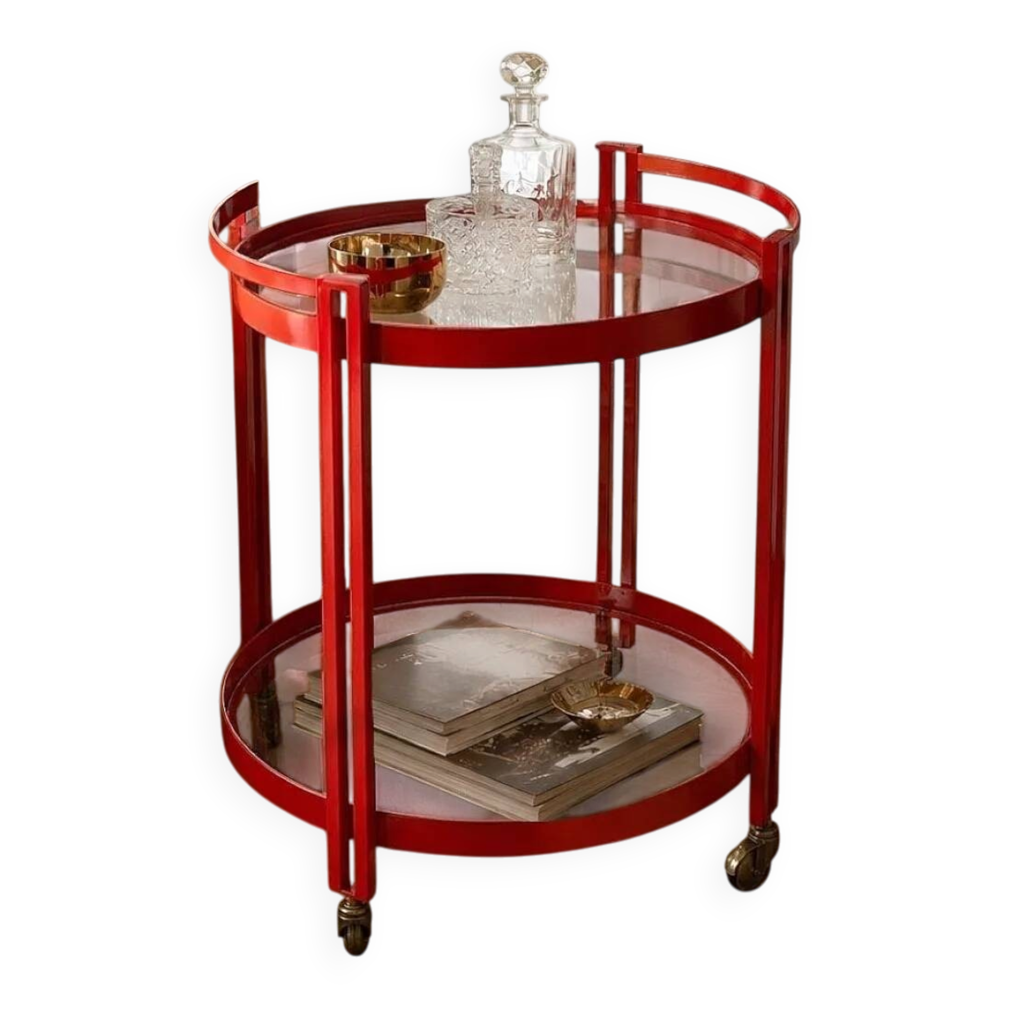 1970s bar trolley, red metal and double glass shelf.