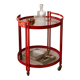 1970s bar trolley, red metal and double glass shelf.