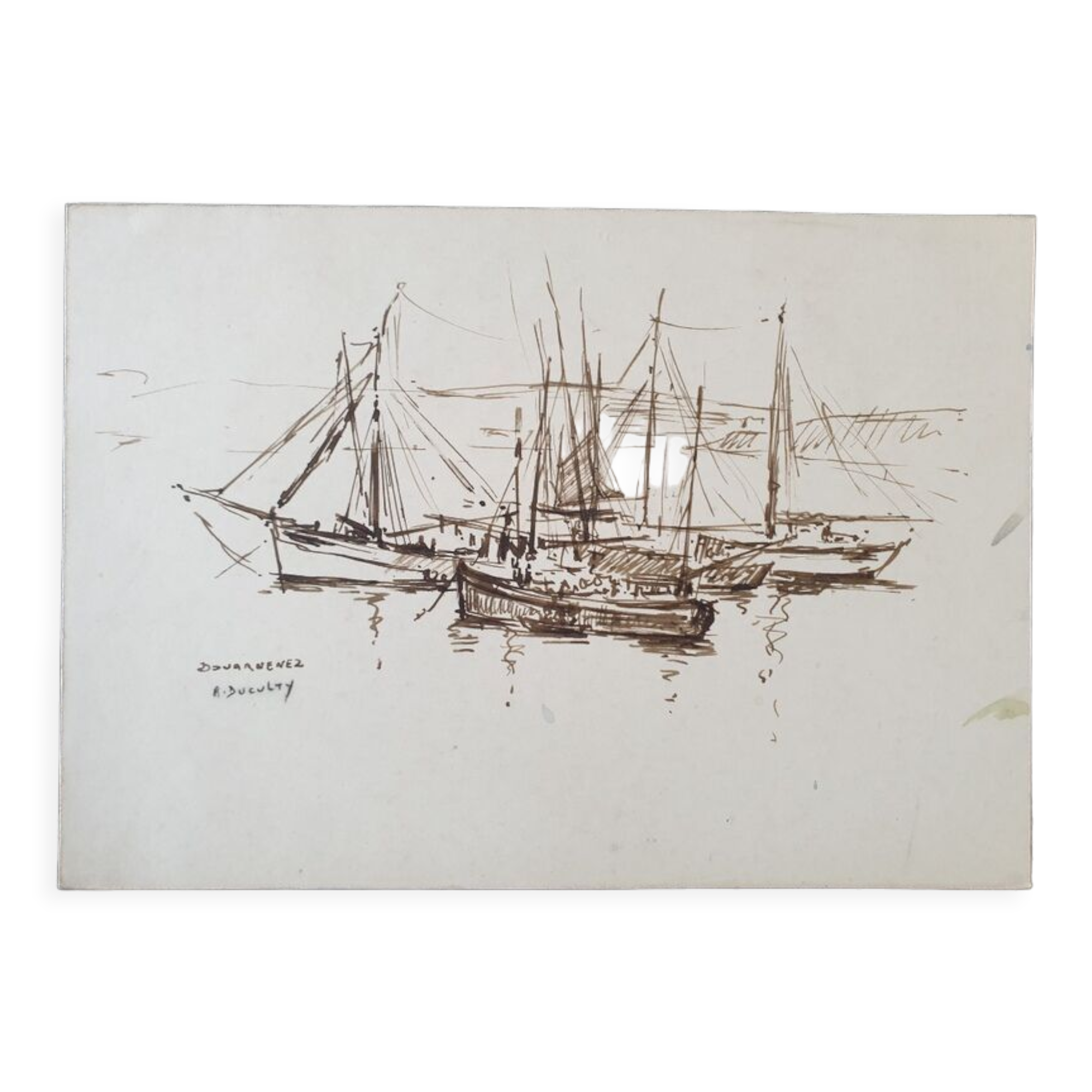 André Duculty (1912-1990) Ink wash on paper "Port de Douarnenez" Signed lower left