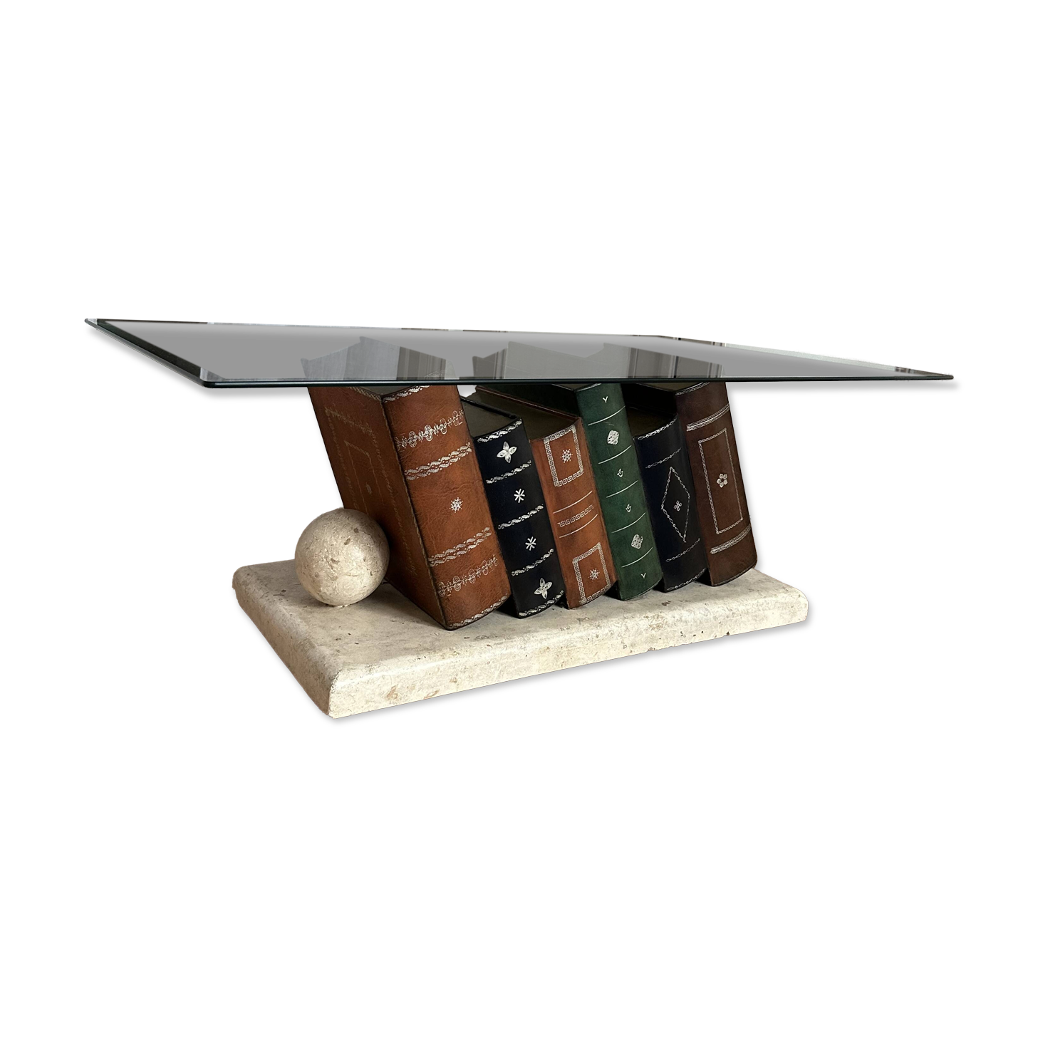 Vintage glass coffee table with trompe-l'oeil book base