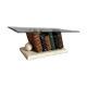 Table basse vintage en verre avec piètement trompe-l’œil livres