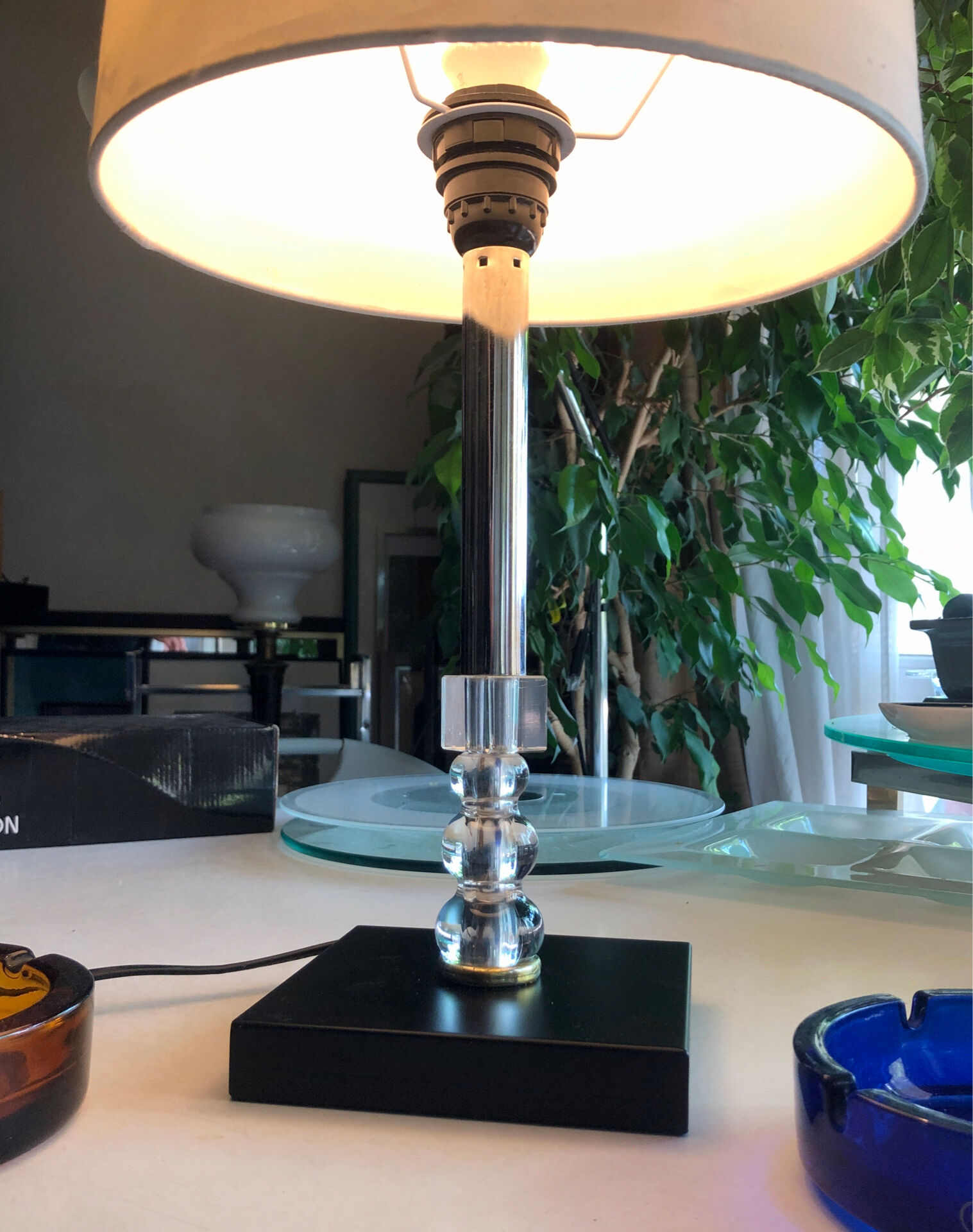 Silver-plated metal lamp base with crystal.