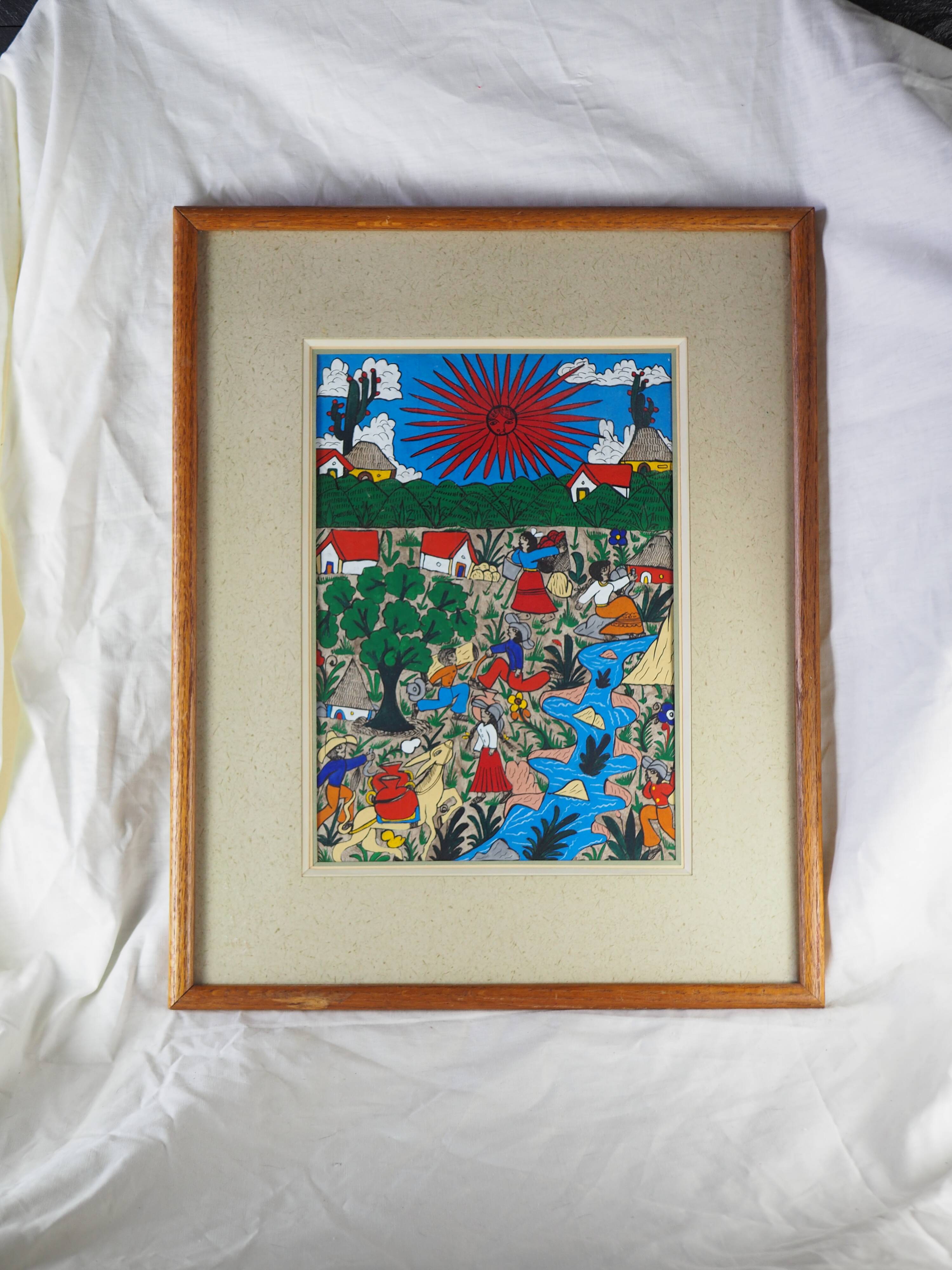 Peasants, river and donkey under a red sun - Mexican folk art - 1970s