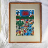 Peasants, river and donkey under a red sun - Mexican folk art - 1970s