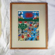Peasants, river and donkey under a red sun - Mexican folk art - 1970s