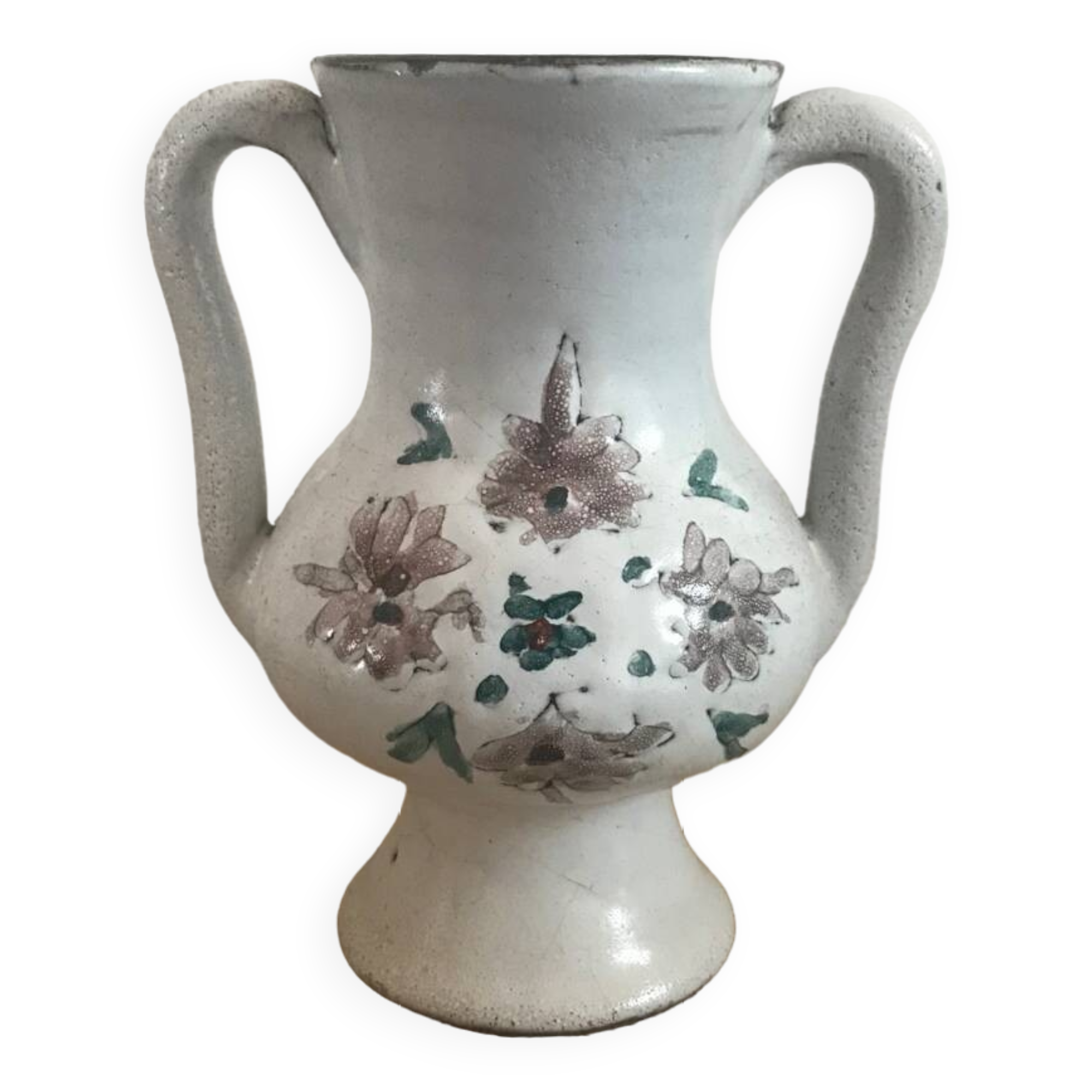 Small stoneware vase with handles and floral motifs Enameled In very good condition