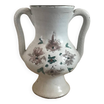 Small stoneware vase with handles and floral motifs Enameled In very good condition