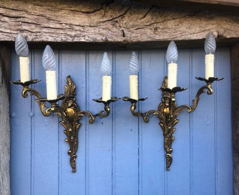 Pair of French Vintage Rococo Gilt Bronze Wall Sconces: Ornate 3-Arm Lamps