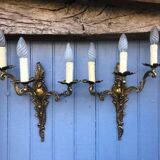 Pair of French Vintage Rococo Gilt Bronze Wall Sconces: Ornate 3-Arm Lamps