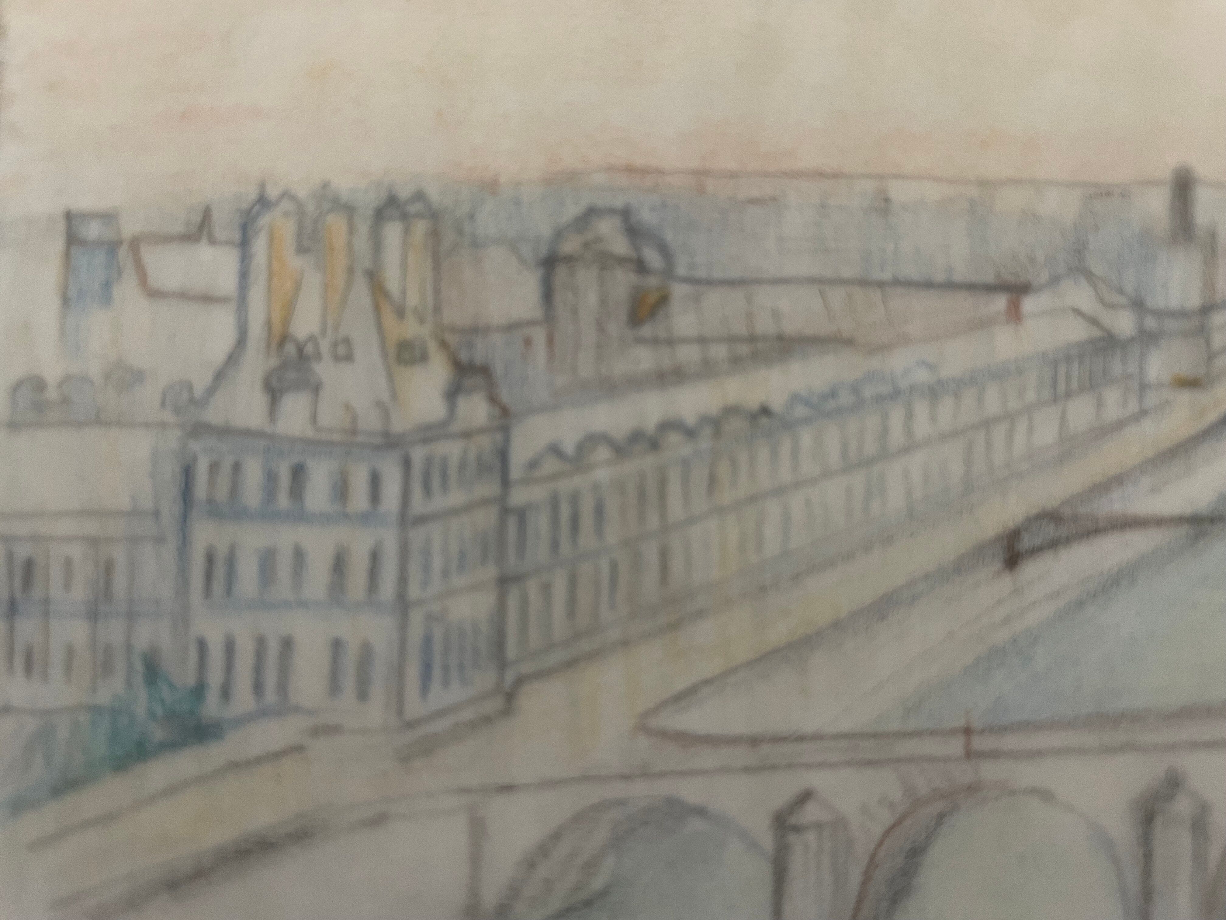 Drawing painting view of Paris on the Seine and its bridges