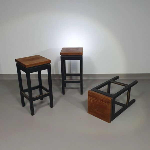 3 x tabourets de construction en chêne années 1960