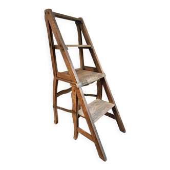 Chaise bibliothèque échelle ancienne en chêne français – Chaise escabeau métamorphique