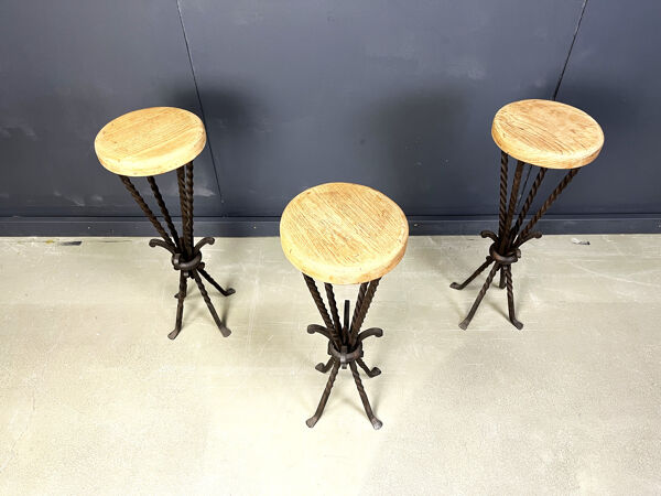 Tabourets de bar en fer forgé vintage français, années 1960 - ensemble de 3