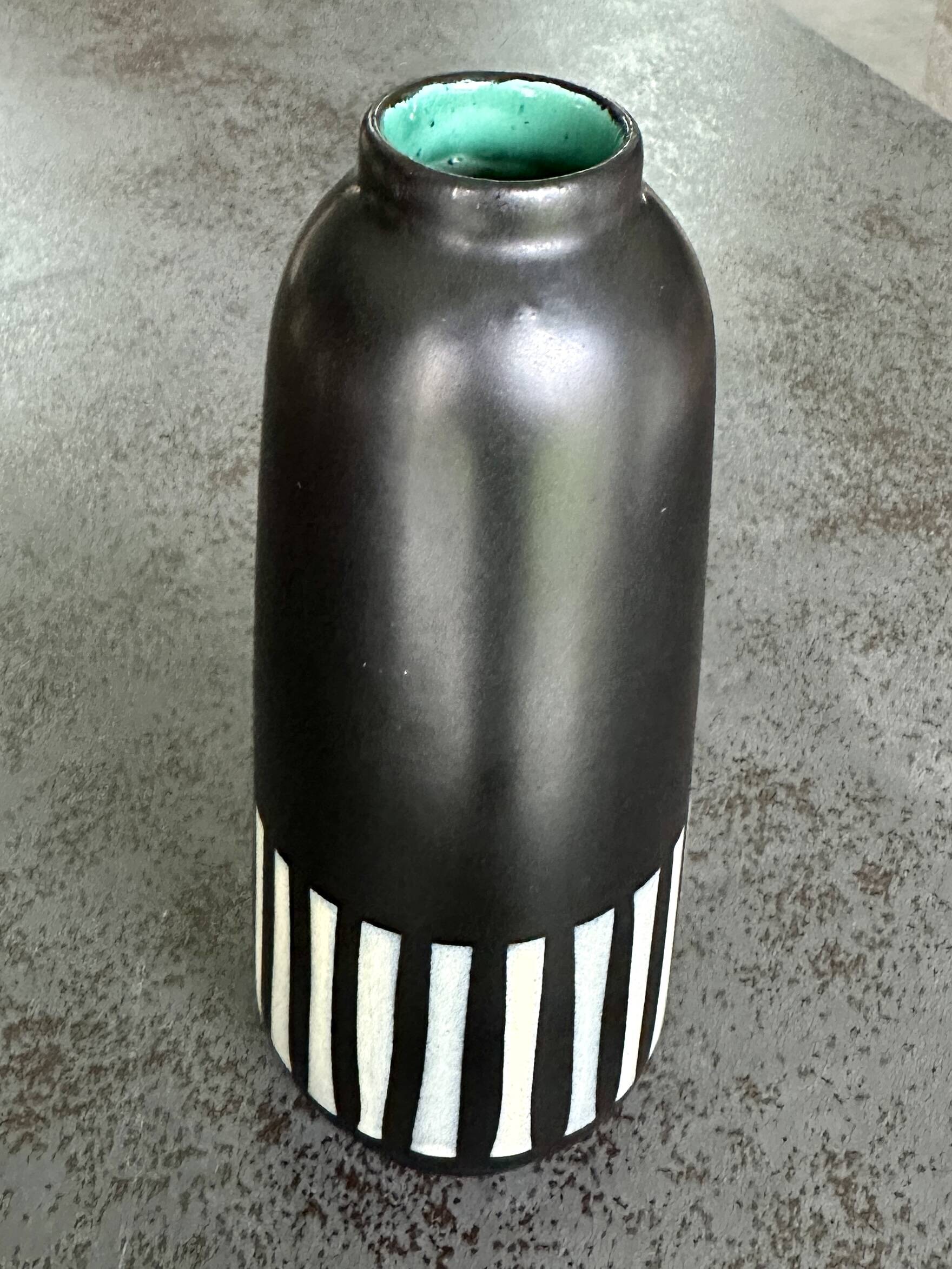 Upsala Ekeby Ceramic Vase – Black with Striped Pattern – Turquoise Interior –