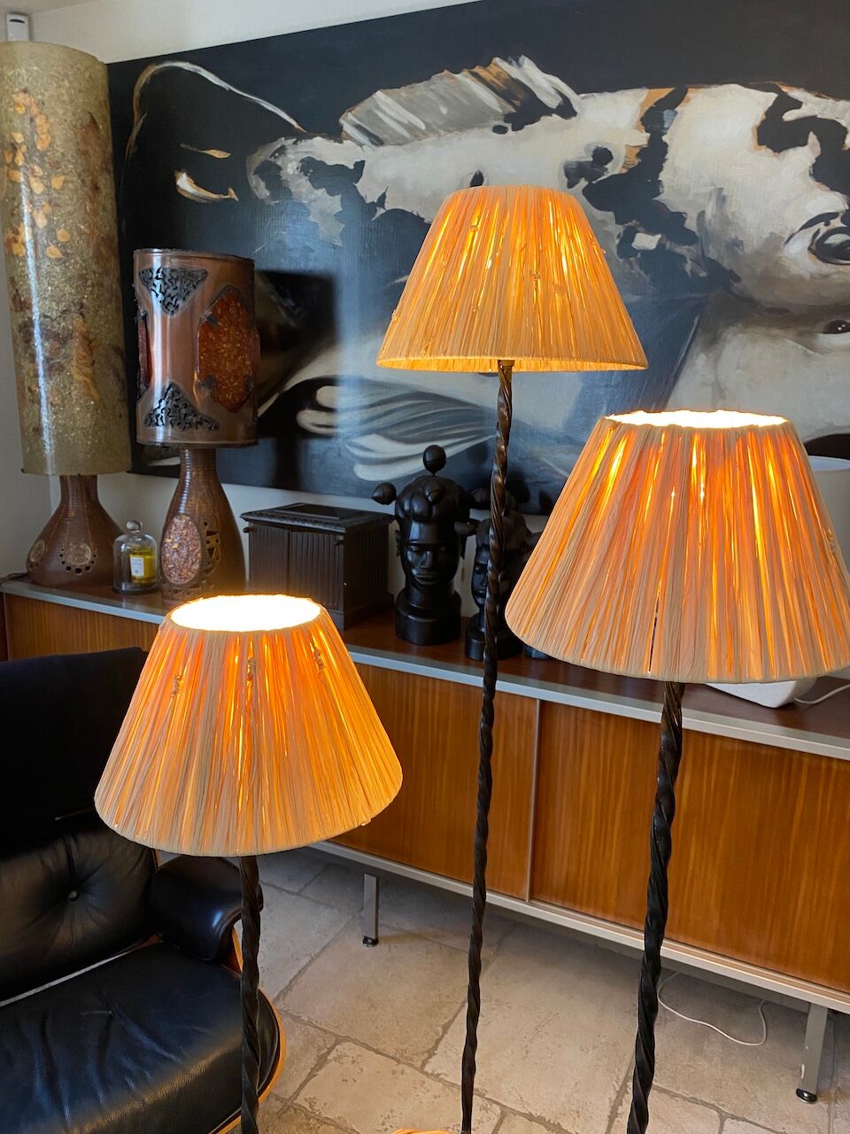 Living room lamp in metal and wicker, raffia lampshade 1950