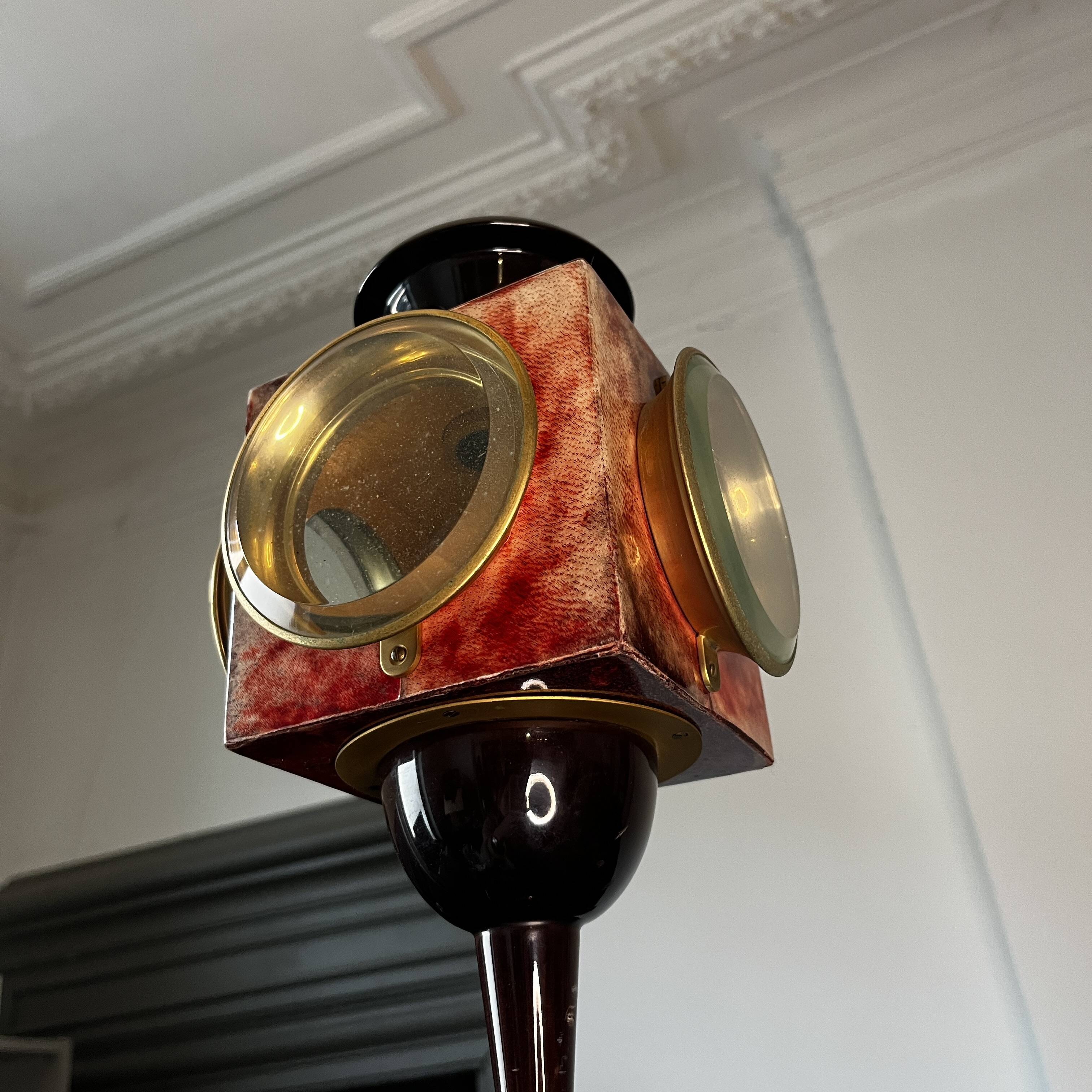 'bird' floor lamp by aldo tura, red goatskin parchment, ca 1950