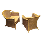 2 x wicker and bamboo patio chair / 1980s / faux suede / alcantara