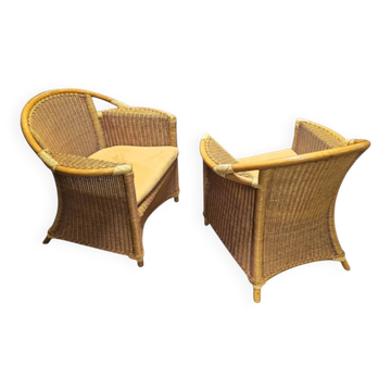 2 chaises de patio en osier et bambou / années 1980 / suédine / alcantara
