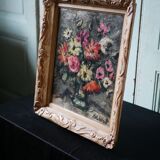 Ancienne huile sur toile, bouquet de fleurs, encadrement de style montmartre
