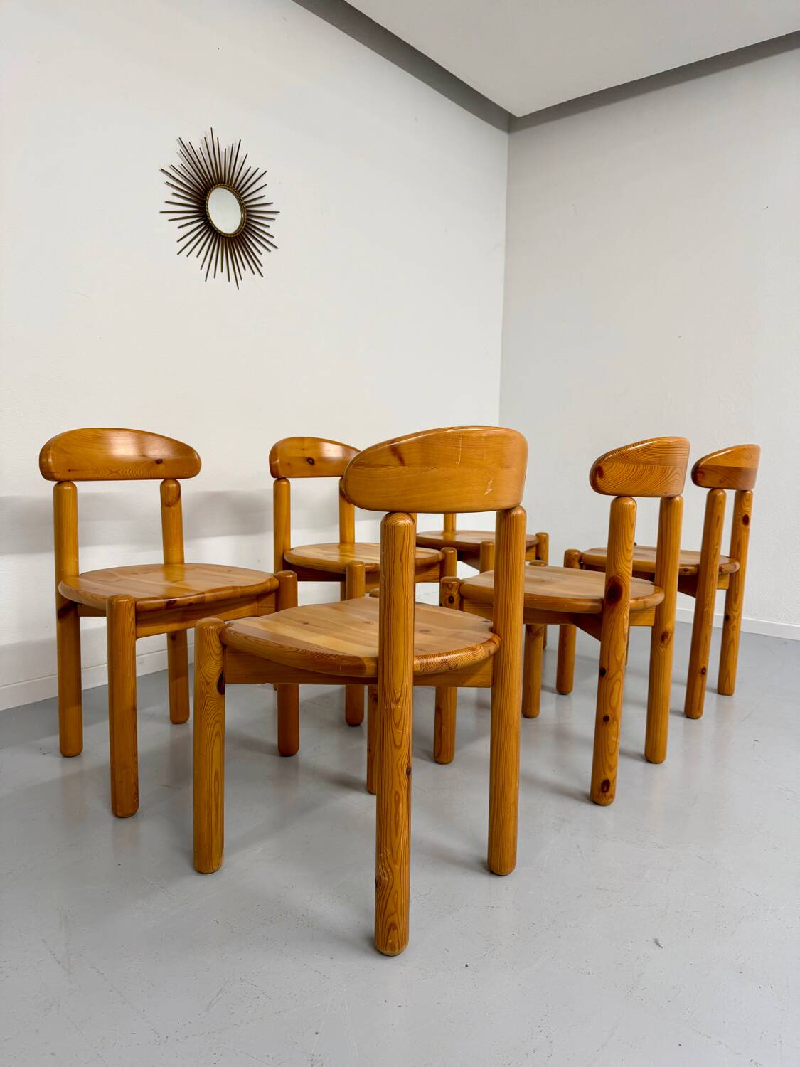 Set of 6 solid pine chairs, Scandinavian design, Reiner Daumiller