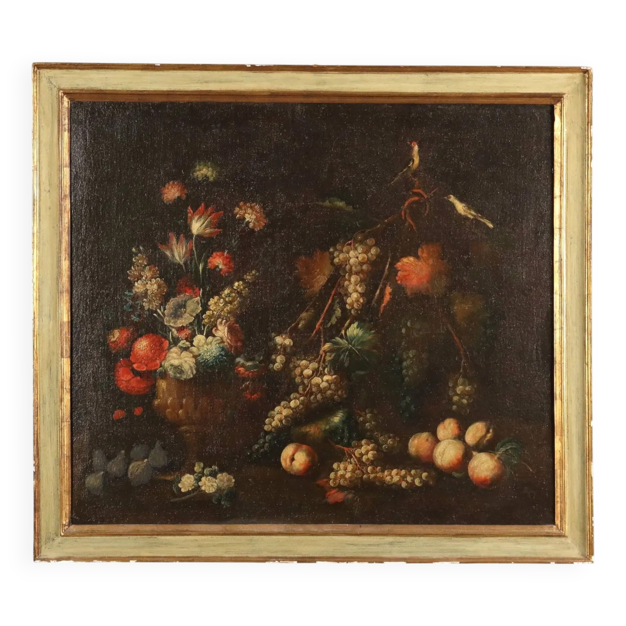 Old painting of still life with flowers, fruits, and birds from the 18th century.