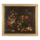 Old painting of still life with flowers, fruits, and birds from the 18th century.